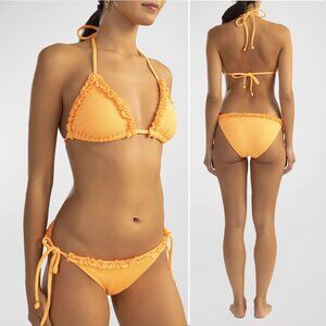 Shoshanna BIKINI SET Ruffle Triangle Top B/C M String Bottom Orange Textured NEW